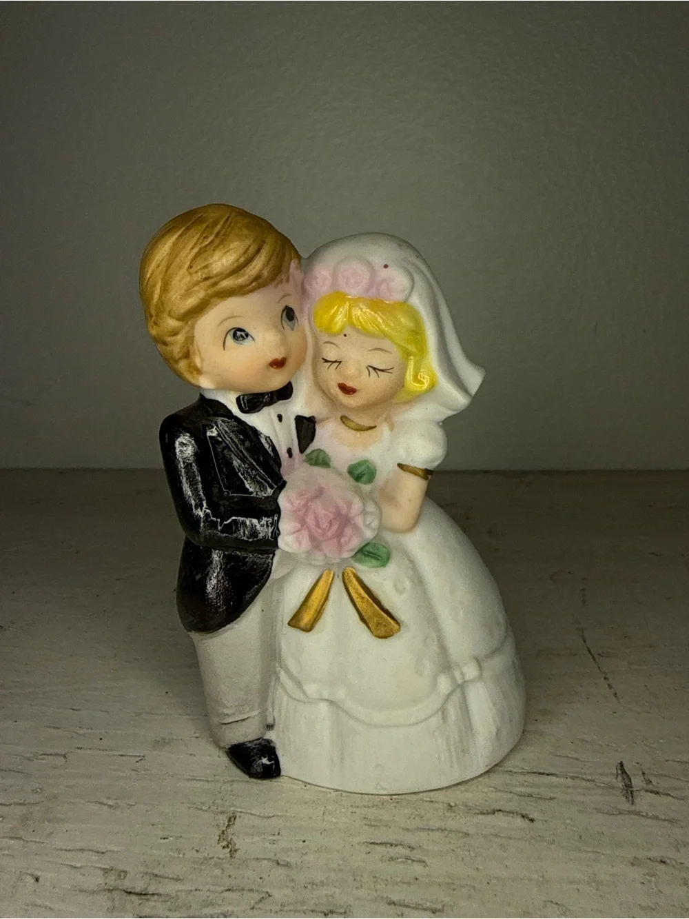 Beautiful Porcelain Bride and Groom Wedding Bell Figurine by J.S.N.Y. Made in Ta